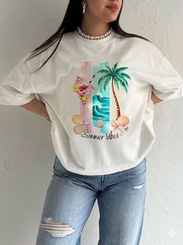 تیشرت زنانه‌ی باکسی طرحSummer vibe فری سایز