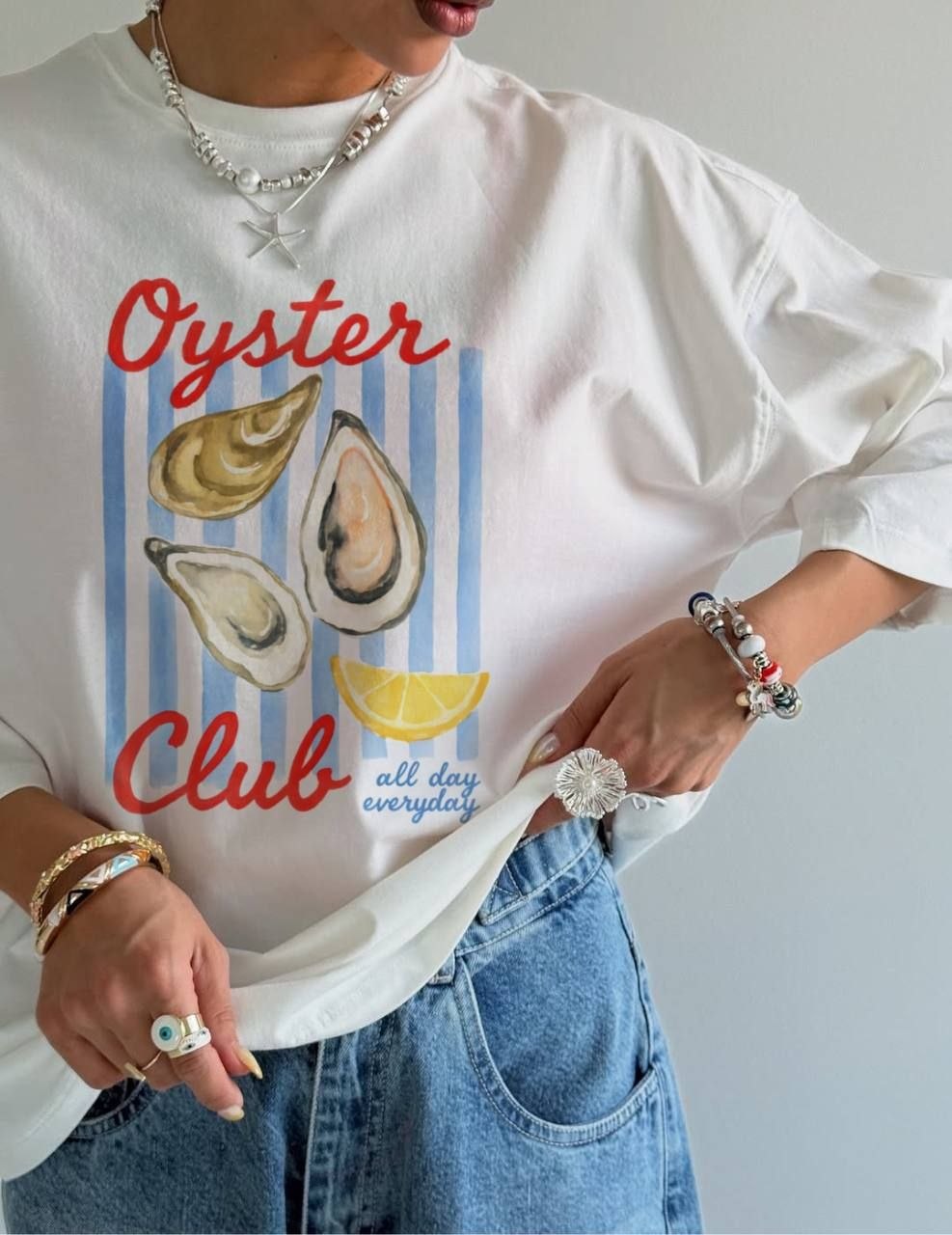 تیشرت زنانه‌ی باکسی طرحOyster فری سایز