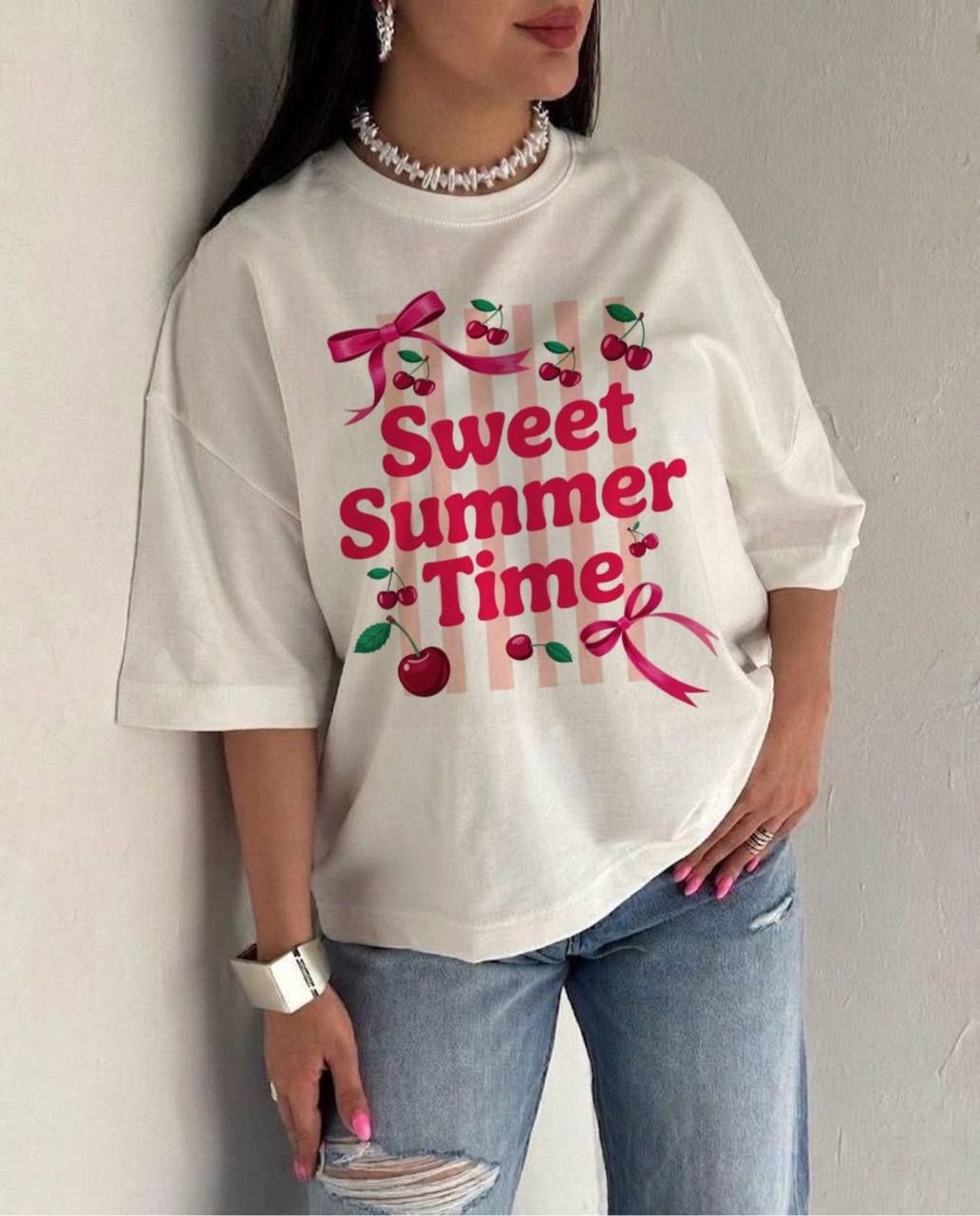 تیشرت زنانه‌ی باکسی طرح Sweet Summerفری سایز
