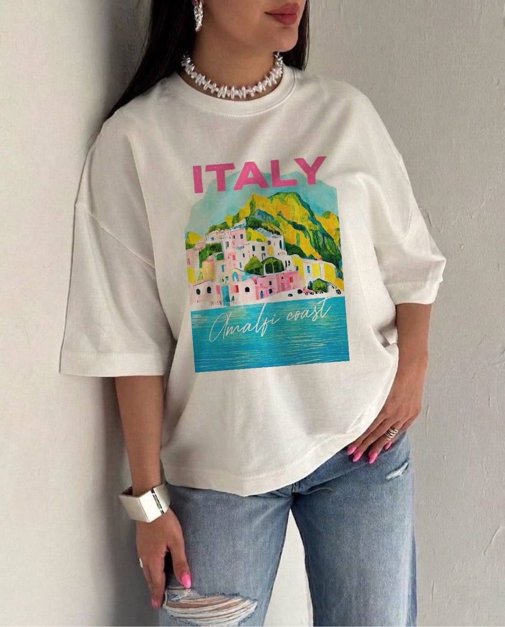 تیشرت زنانه‌ی باکسی طرح ITALY فری سایز